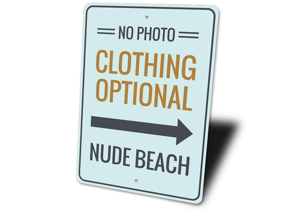 Clothing Optional Nude Beach Sign made of durable aluminum, featuring customizable text and pre-drilled holes for easy mounting.