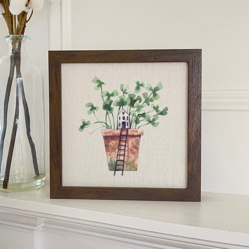 Clover Fairy House framed sign with a wood frame and linen-look background, perfect for home decor.