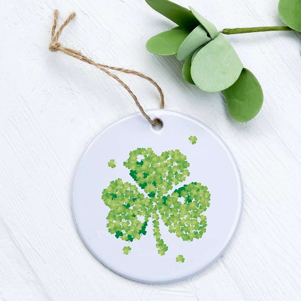 Clover of Clovers porcelain ornament featuring original design, smooth glossy finish, and 2.75-inch diameter.