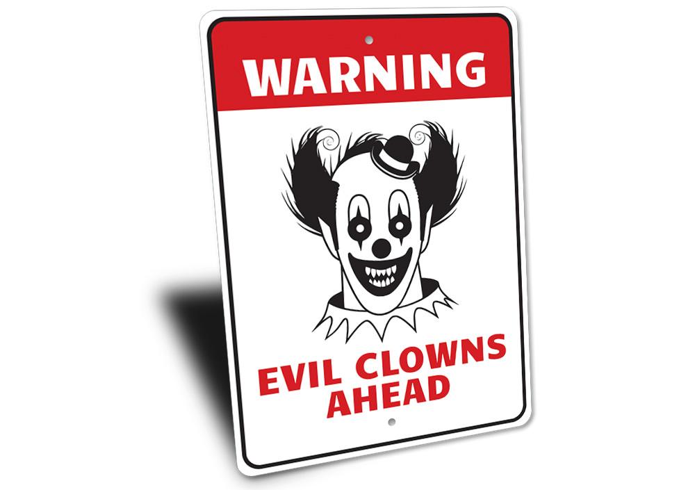 Clown Warning Sign made of aluminum, featuring a spooky design perfect for Halloween decorations.