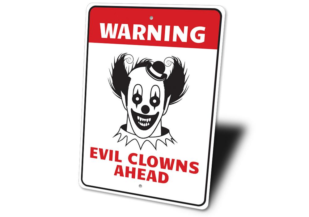 Clown Warning Sign made of aluminum, featuring a spooky design perfect for Halloween decorations.