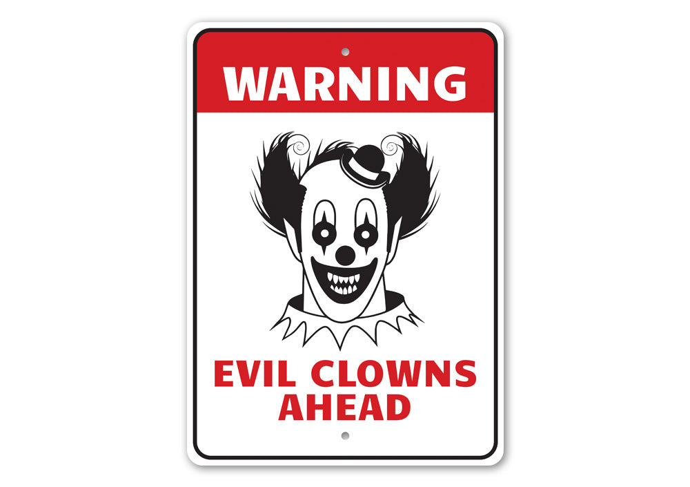 Clown Warning Sign made of aluminum, featuring a spooky design perfect for Halloween decorations.