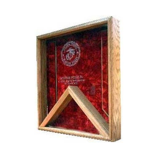 Coast Guard Flag Display Case - Shadow Box showcasing an American flag and medals with a glass front and crushed velvet background.