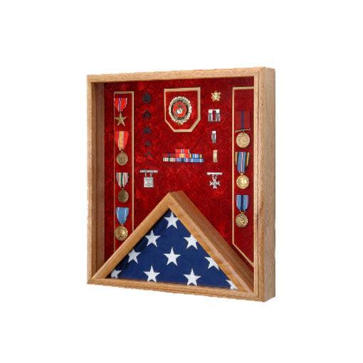 Coast Guard Flag Display Case - Shadow Box showcasing an American flag and medals with a glass front and crushed velvet background.