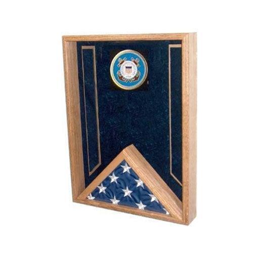 Coast Guard Flag Display Case - Shadow Box showcasing an American flag and medals with a glass front and crushed velvet background.