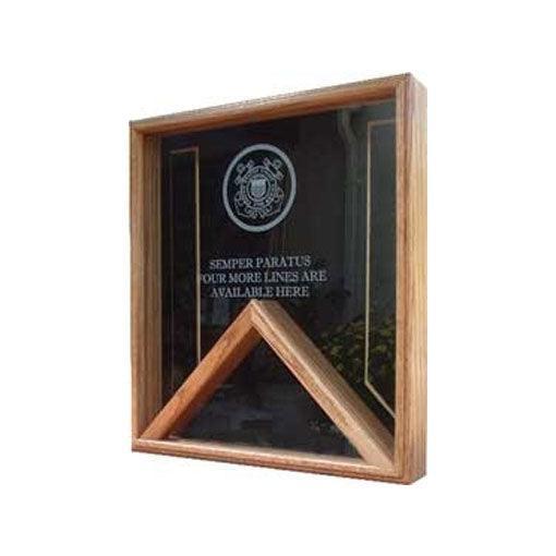 Coast Guard Flag Display Case - Shadow Box showcasing an American flag and medals with a glass front and crushed velvet background.