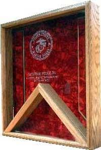 Coast Guard Flag Display Case made of oak, showcasing an American flag and medals in a shadow box design.