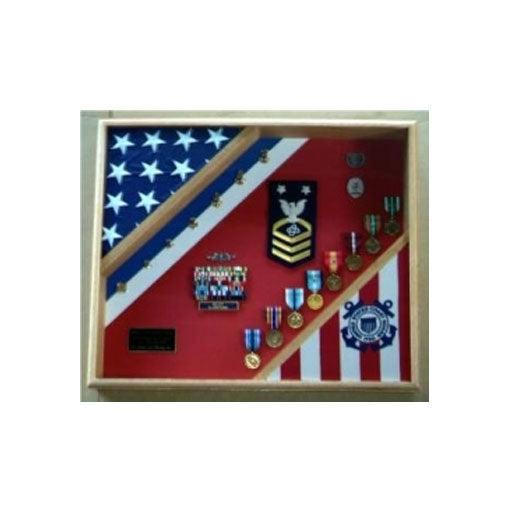 USCG Shadow Box displaying flags and medals, crafted from quality wood, ideal for retirement gifts.