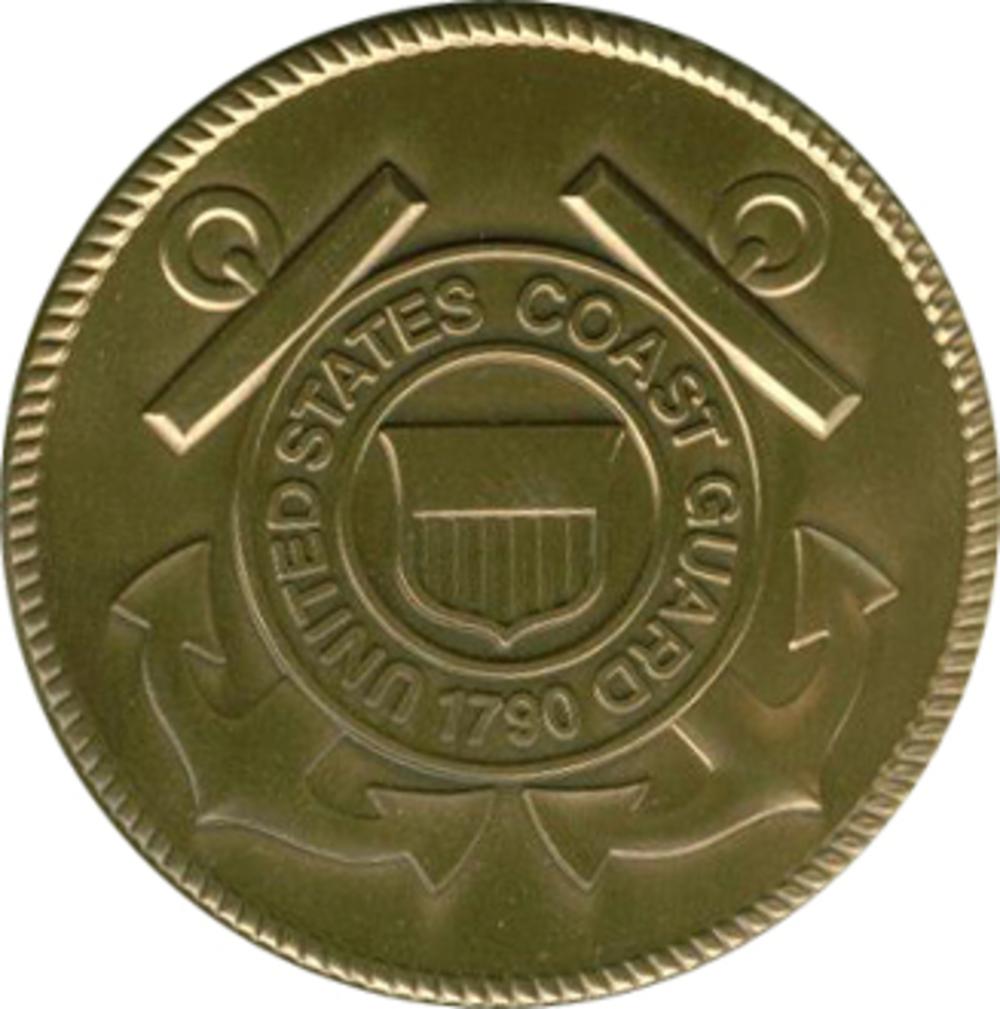 Brass Coast Guard Service Medallion with antique finish, 2 1/2 inches in diameter, featuring adhesive backing for easy attachment.