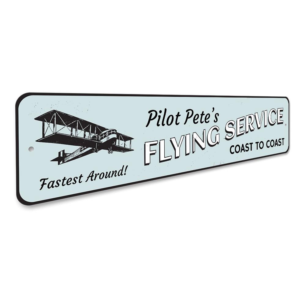 Coast to Coast Flying Service Sign made of durable aluminum, featuring customizable text and pre-drilled holes for easy mounting.