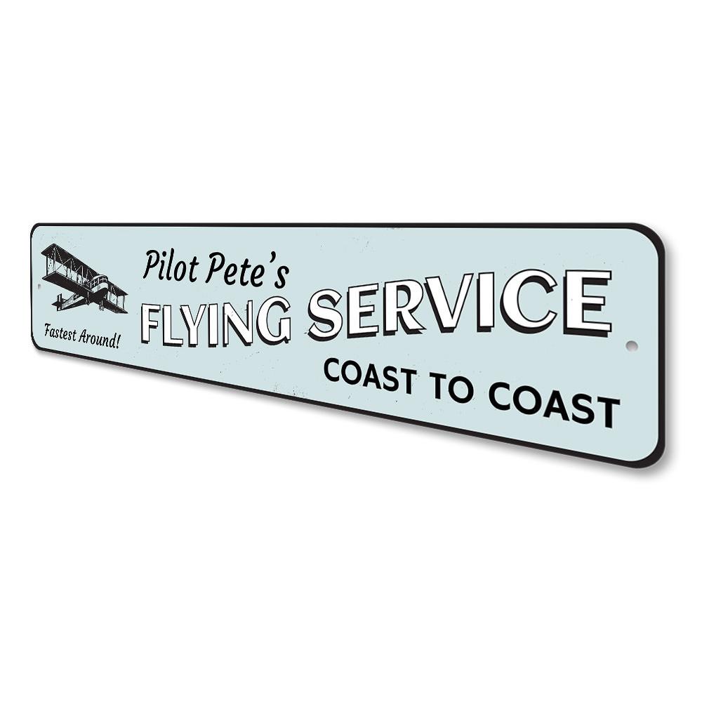 Coast to Coast Flying Service Sign made of durable aluminum, featuring customizable text and pre-drilled holes for easy mounting.