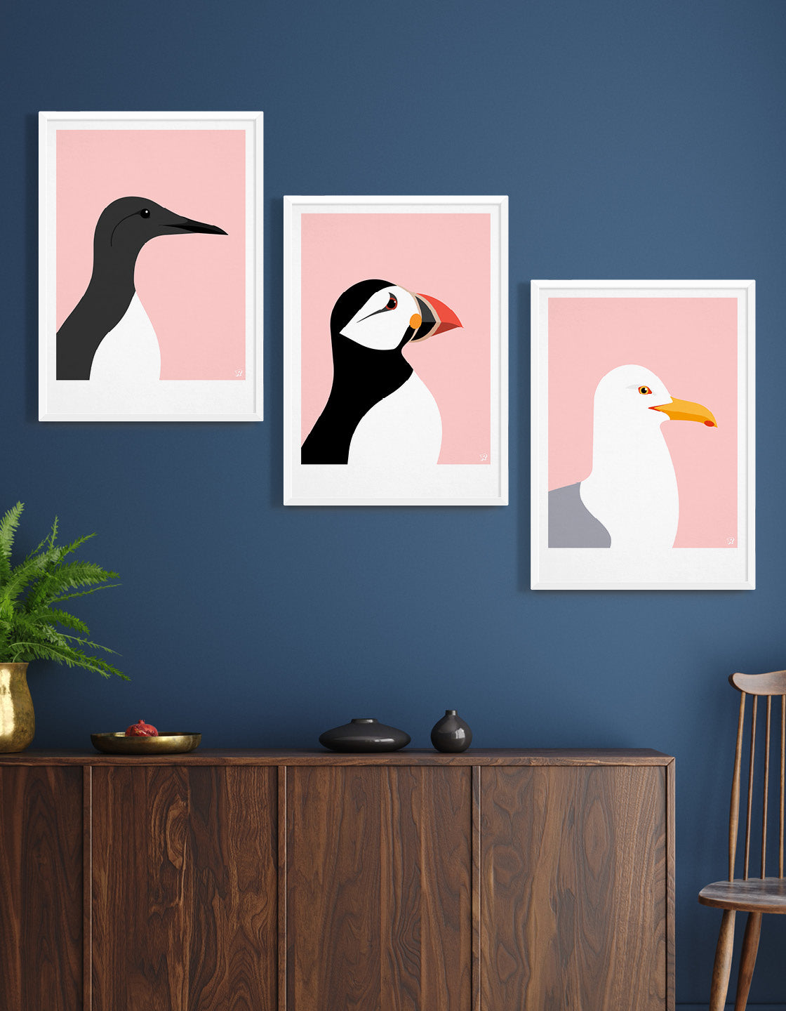 A set of three coastal bird prints featuring a Guillemot, Puffin, and Seagull, showcasing vibrant colors and intricate details.