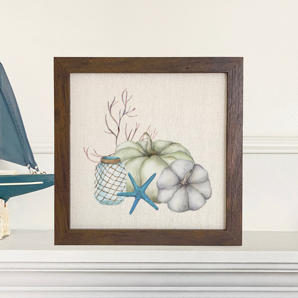 Coastal Pumpkins framed sign with a stylized wood frame, featuring eco-friendly ink printing on a linen-look background.