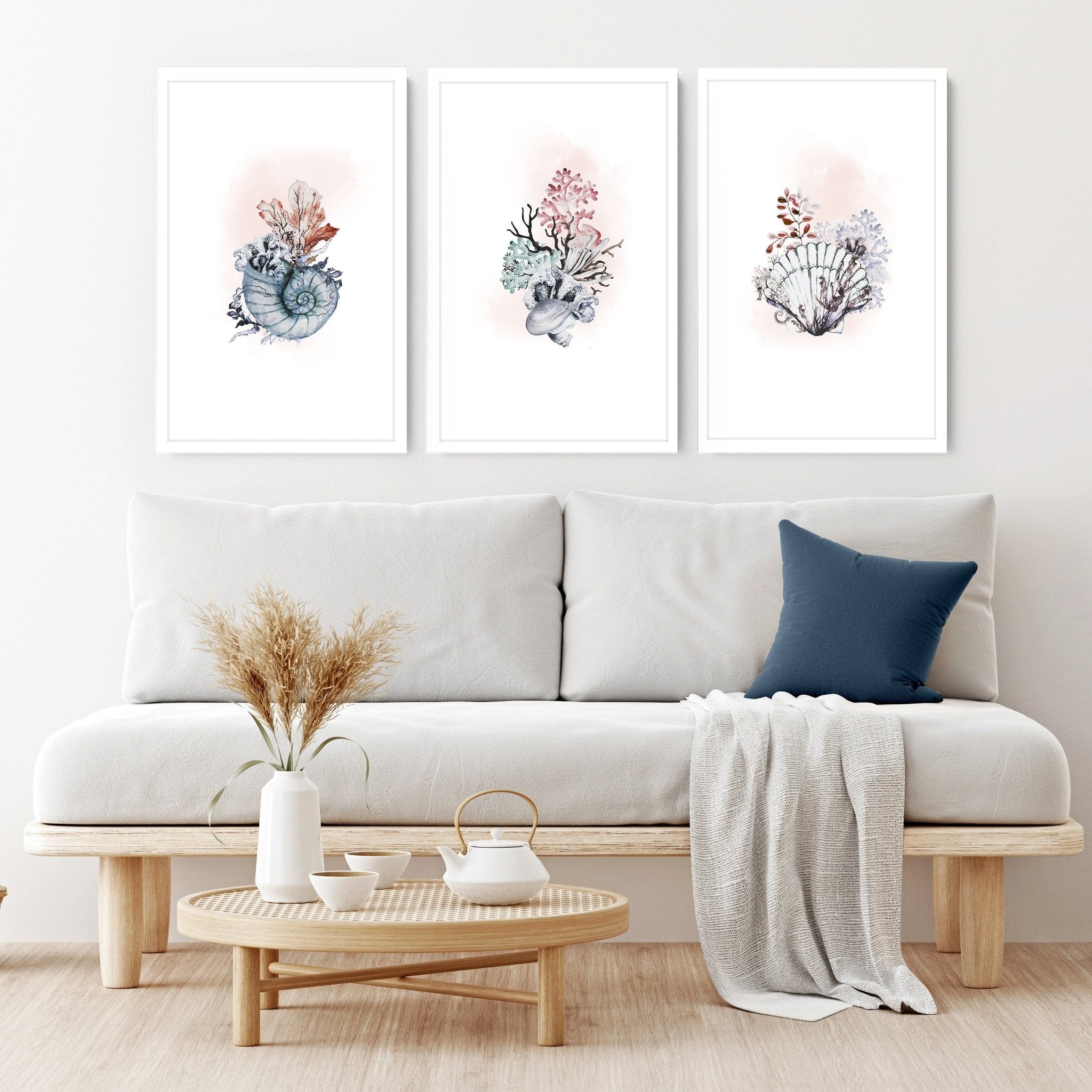 Set of 3 framed coastal wall art prints featuring beautiful watercolour seashell illustrations in soothing colors.