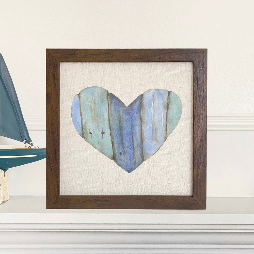 Coastal Wood Heart framed sign with a natural wood frame and linen-look background, perfect for home decor.