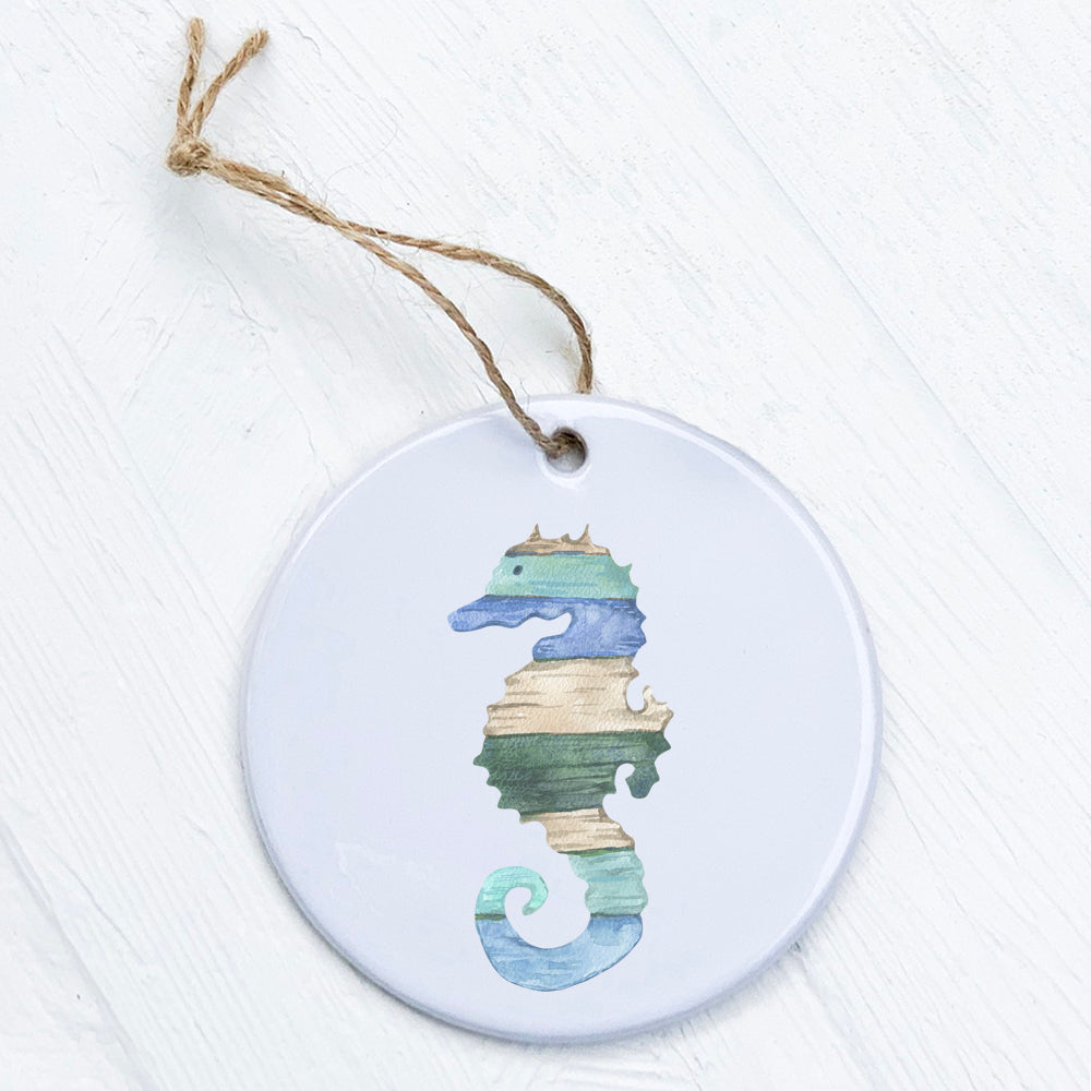 Coastal Wood Seahorse ornament made of high-quality porcelain with a vibrant design, perfect for home decor or gifting.