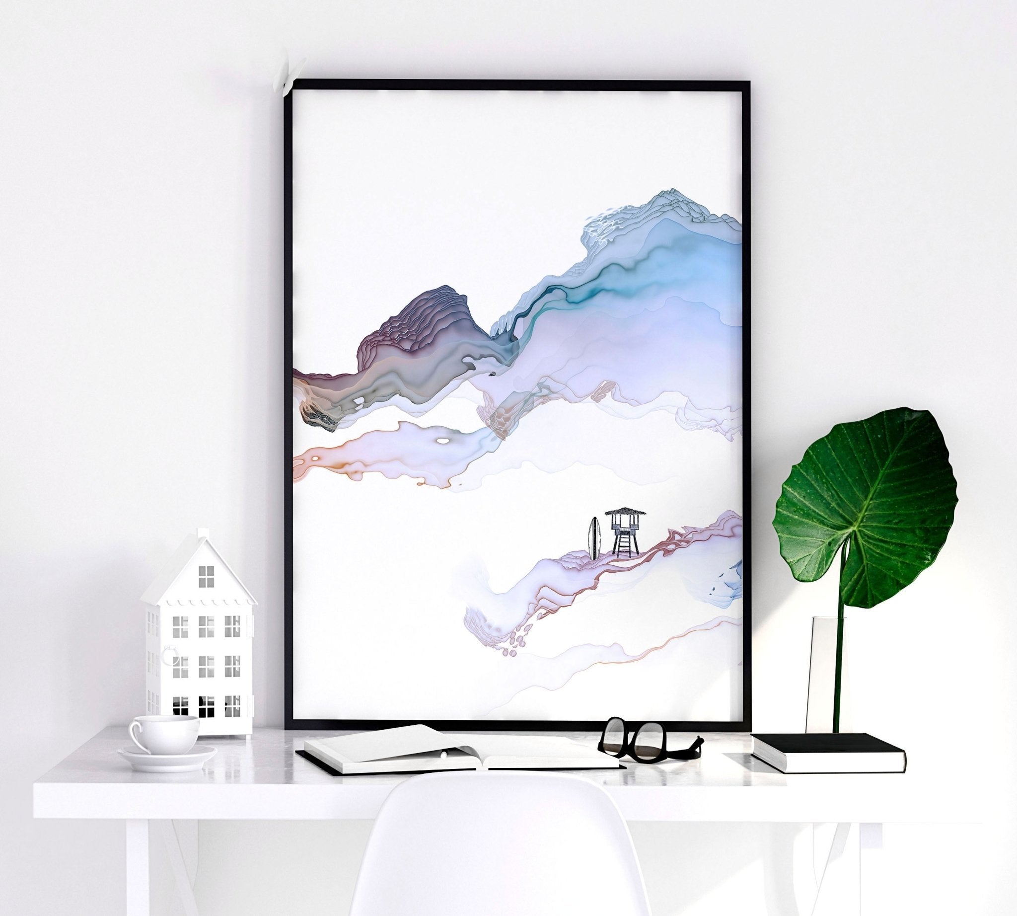 Set of 3 wall art prints featuring serene beach landscapes in pastel blue watercolor style, perfect for coastal-themed decor.