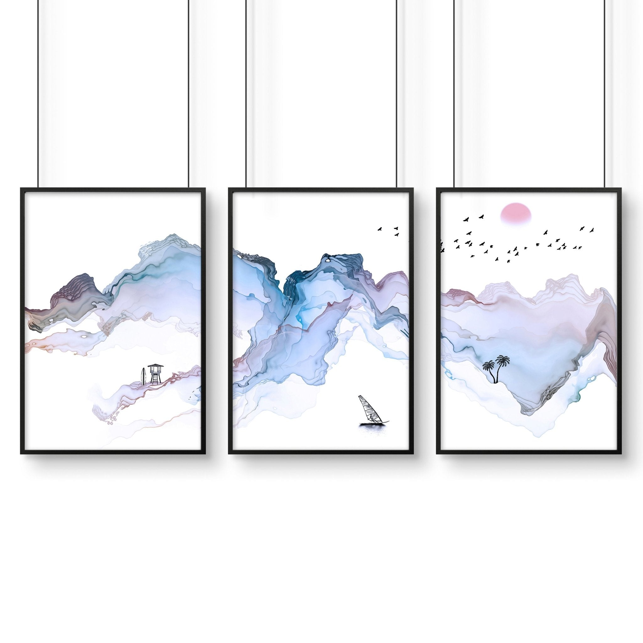 Set of 3 wall art prints featuring serene beach landscapes in pastel blue watercolor style, perfect for coastal-themed decor.