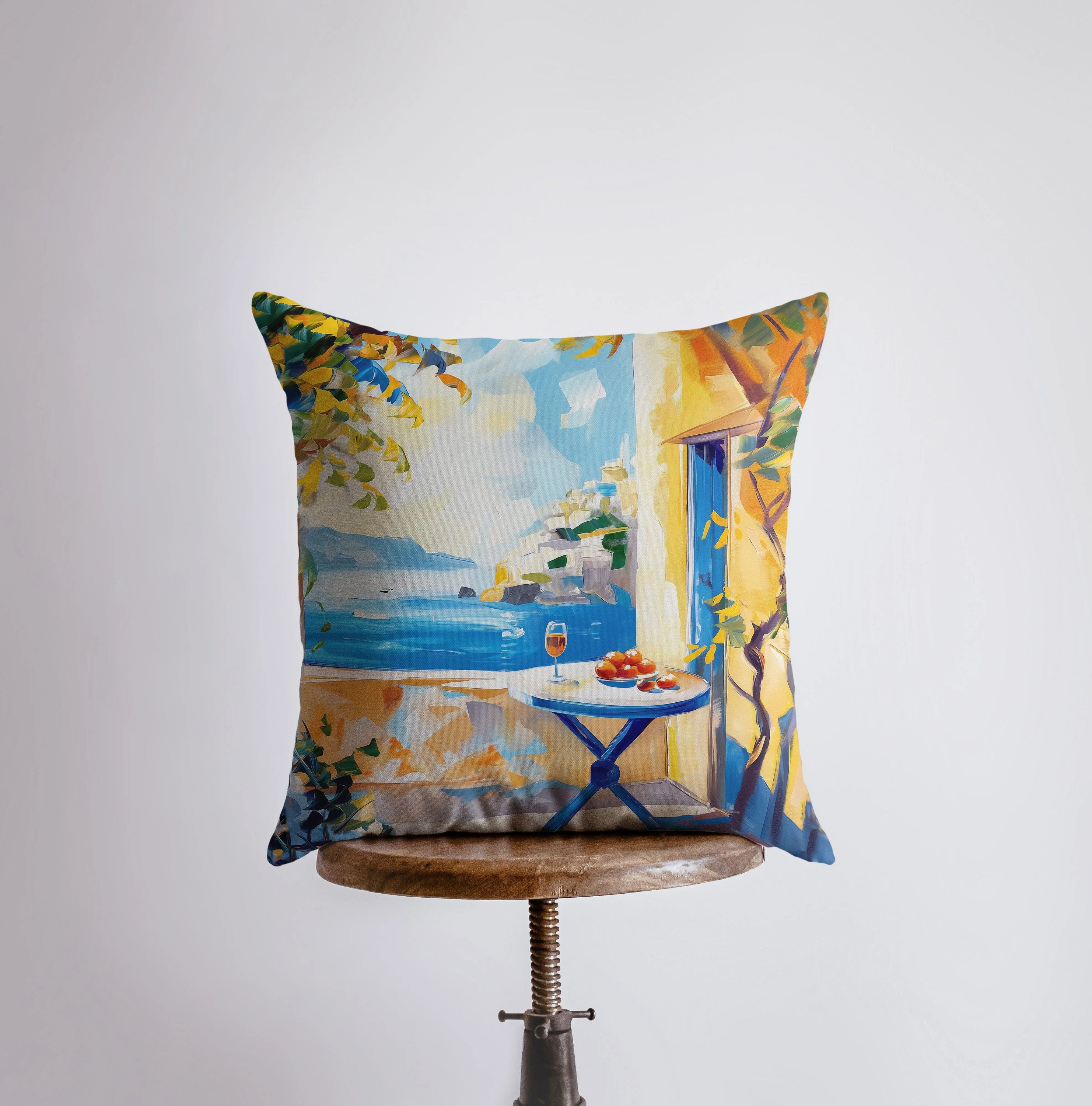 Coastline Villa pillow featuring coastal design, available in various sizes, with a concealed zipper and sturdy cotton/polyester blend fabric.