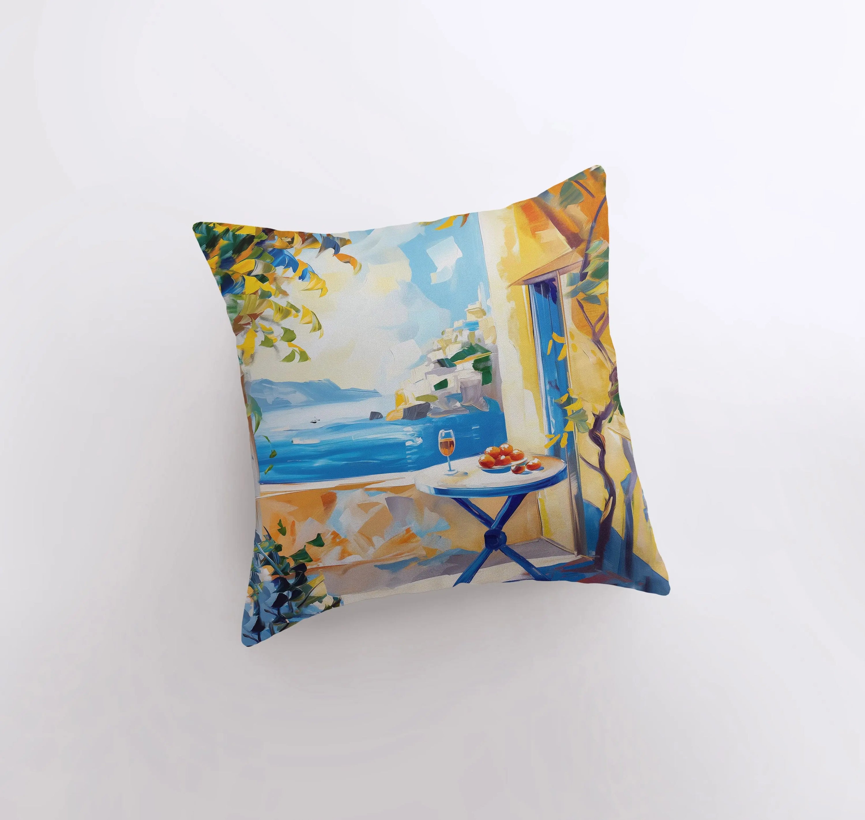 Coastline Villa pillow featuring coastal design, available in various sizes, with a concealed zipper and sturdy cotton/polyester blend fabric.