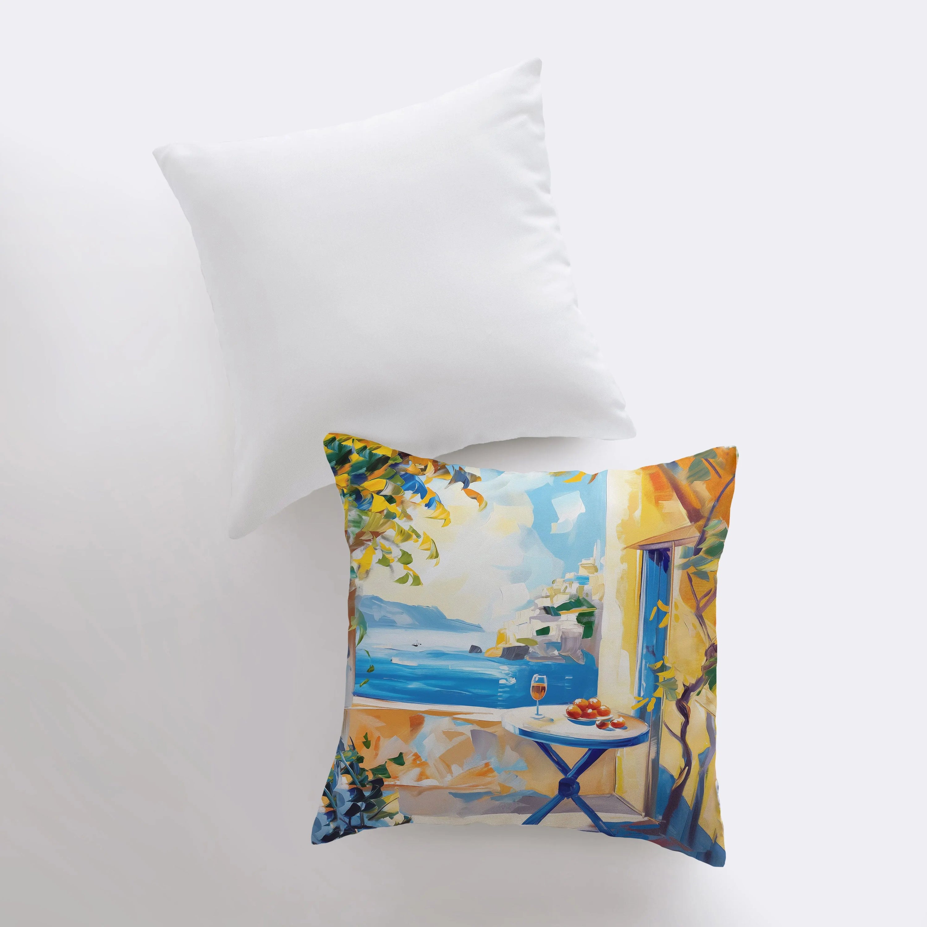 Coastline Villa pillow featuring coastal design, available in various sizes, with a concealed zipper and sturdy cotton/polyester blend fabric.