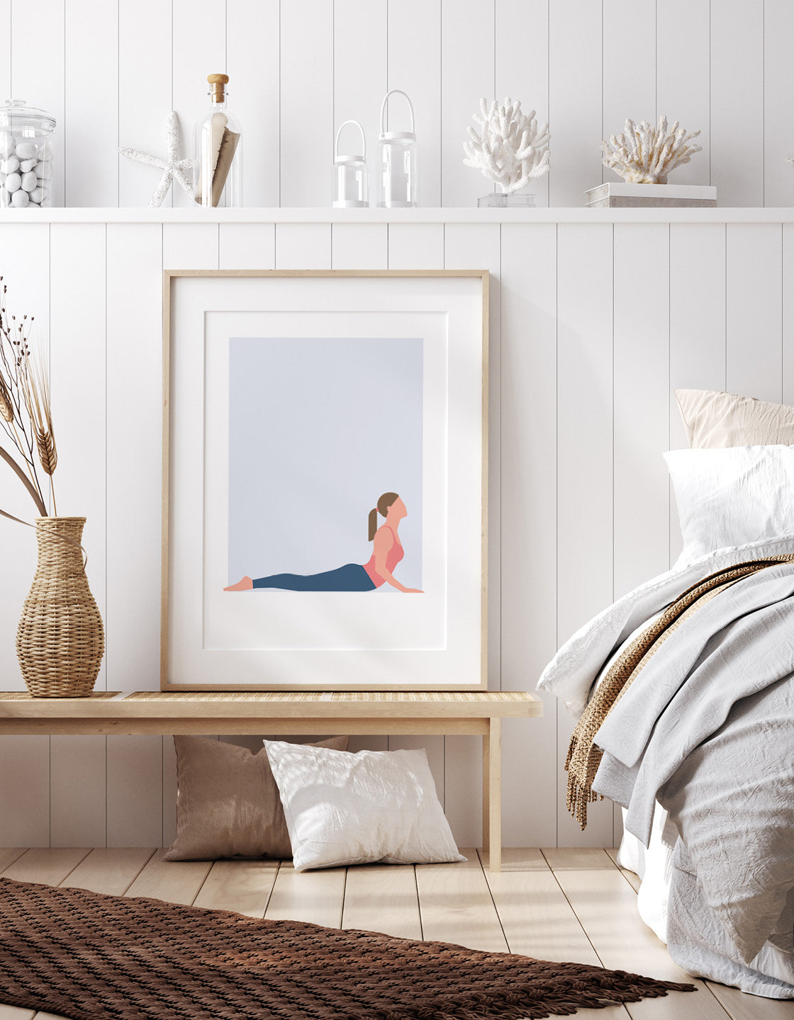 A serene Cobra pose yoga print featuring a graceful figure in the yoga pose, surrounded by calming colors, perfect for modern decor.