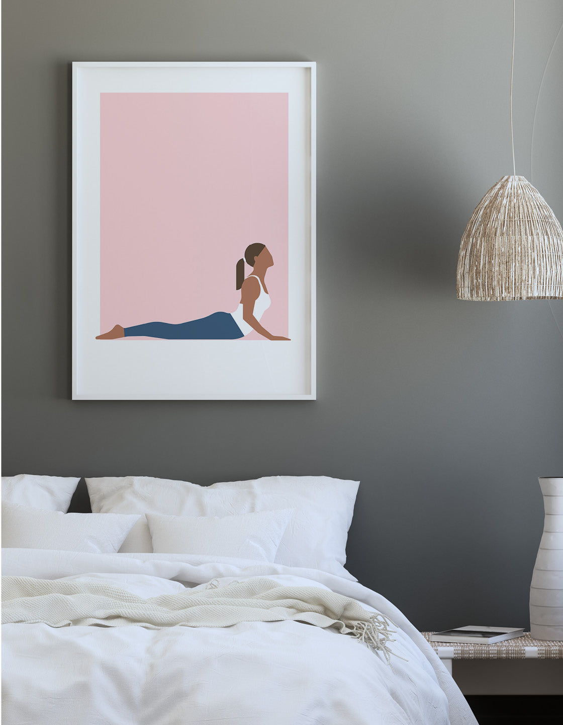 A serene Cobra pose yoga print featuring a graceful figure in the yoga pose, surrounded by calming colors, perfect for modern decor.