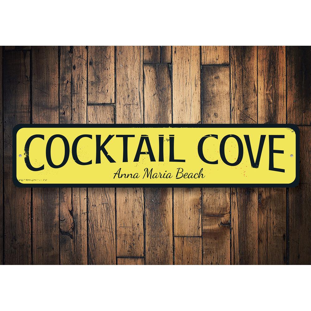 Cocktail Cove Sign made of high-quality aluminum, featuring a beach-themed design, perfect for coastal decor.