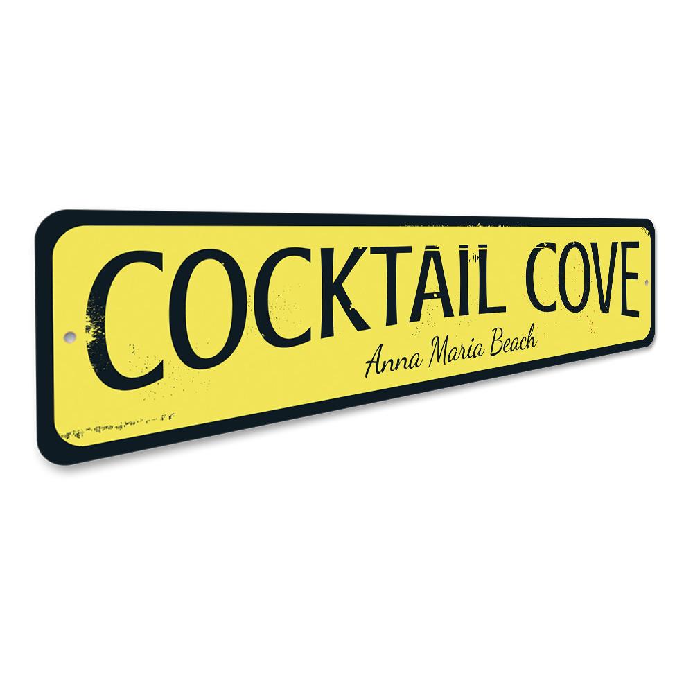 Cocktail Cove Sign made of high-quality aluminum, featuring a beach-themed design, perfect for coastal decor.