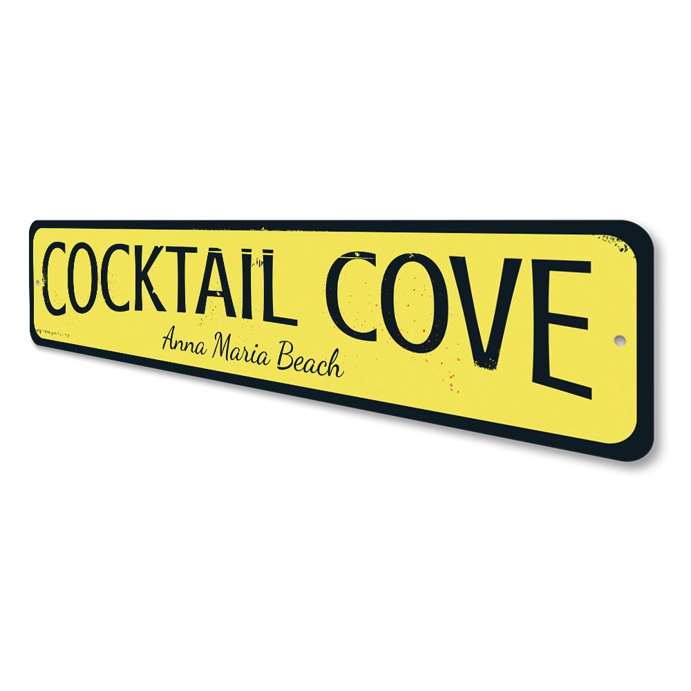 Cocktail Cove Sign made of high-quality aluminum, featuring a beach-themed design, perfect for coastal decor.