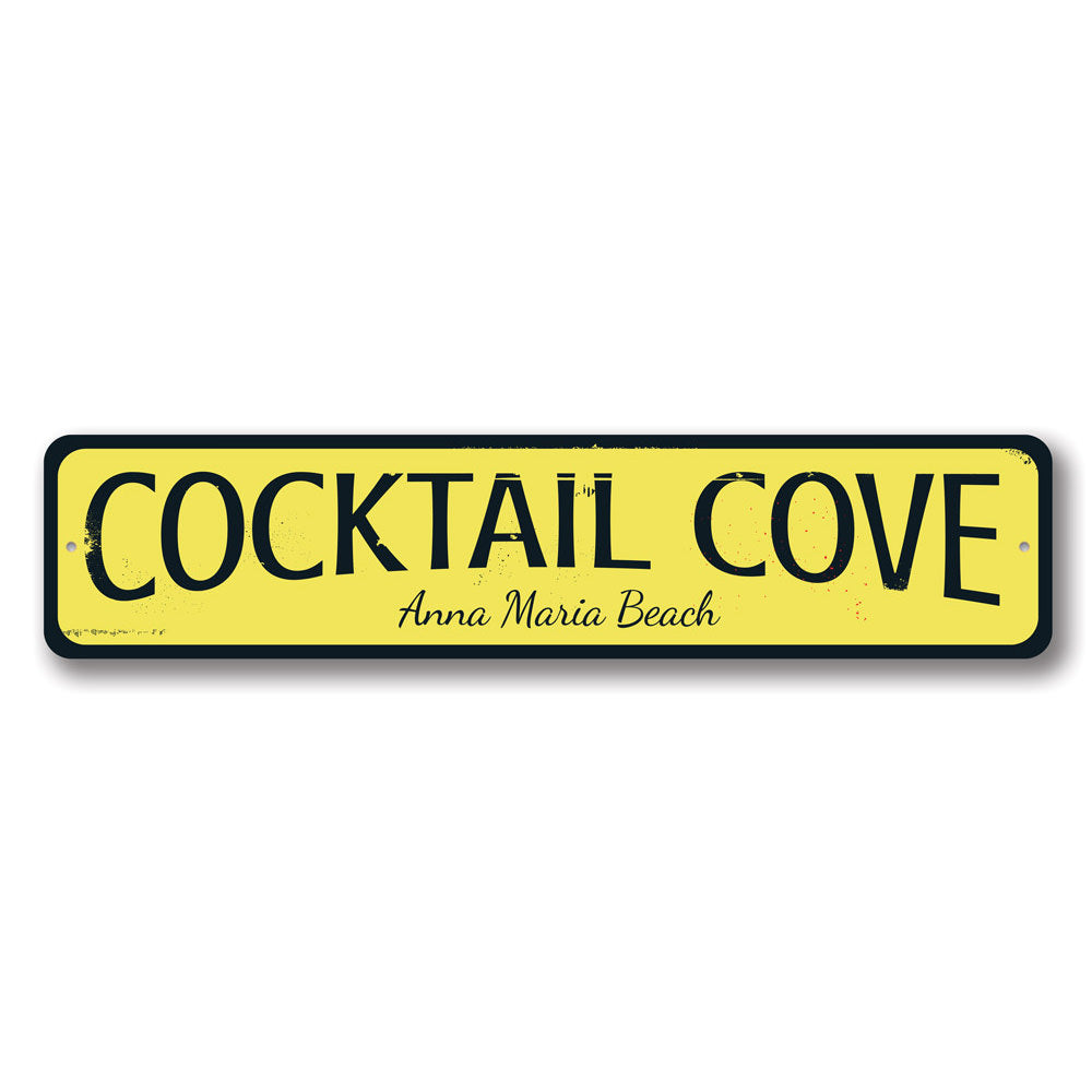 Cocktail Cove Sign made of high-quality aluminum, featuring a beach-themed design, perfect for coastal decor.