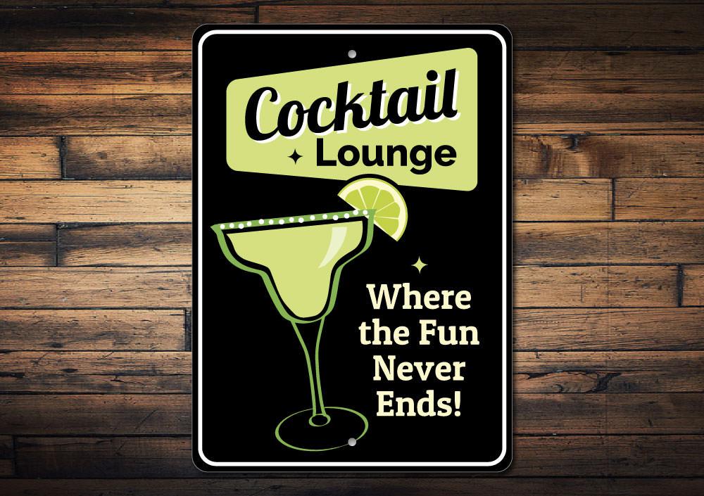 Cocktail Lounge Bar Sign made of high-quality aluminum, featuring customizable text and pre-drilled holes for easy mounting.