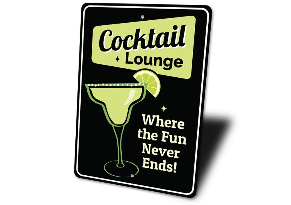 Cocktail Lounge Bar Sign made of high-quality aluminum, featuring customizable text and pre-drilled holes for easy mounting.