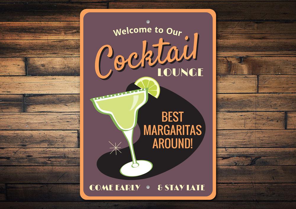 A stylish Cocktail Lounge Sign made of high-quality aluminum, featuring customizable text and pre-drilled holes for easy mounting.