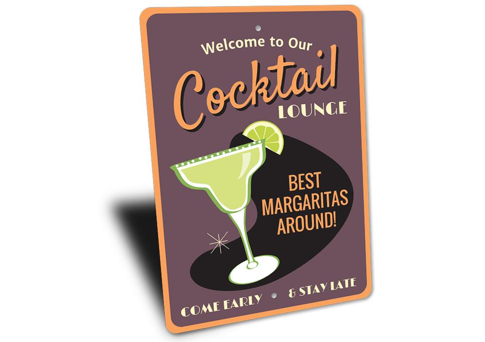 A stylish Cocktail Lounge Sign made of high-quality aluminum, featuring customizable text and pre-drilled holes for easy mounting.