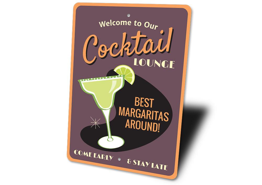 A stylish Cocktail Lounge Sign made of high-quality aluminum, featuring customizable text and pre-drilled holes for easy mounting.