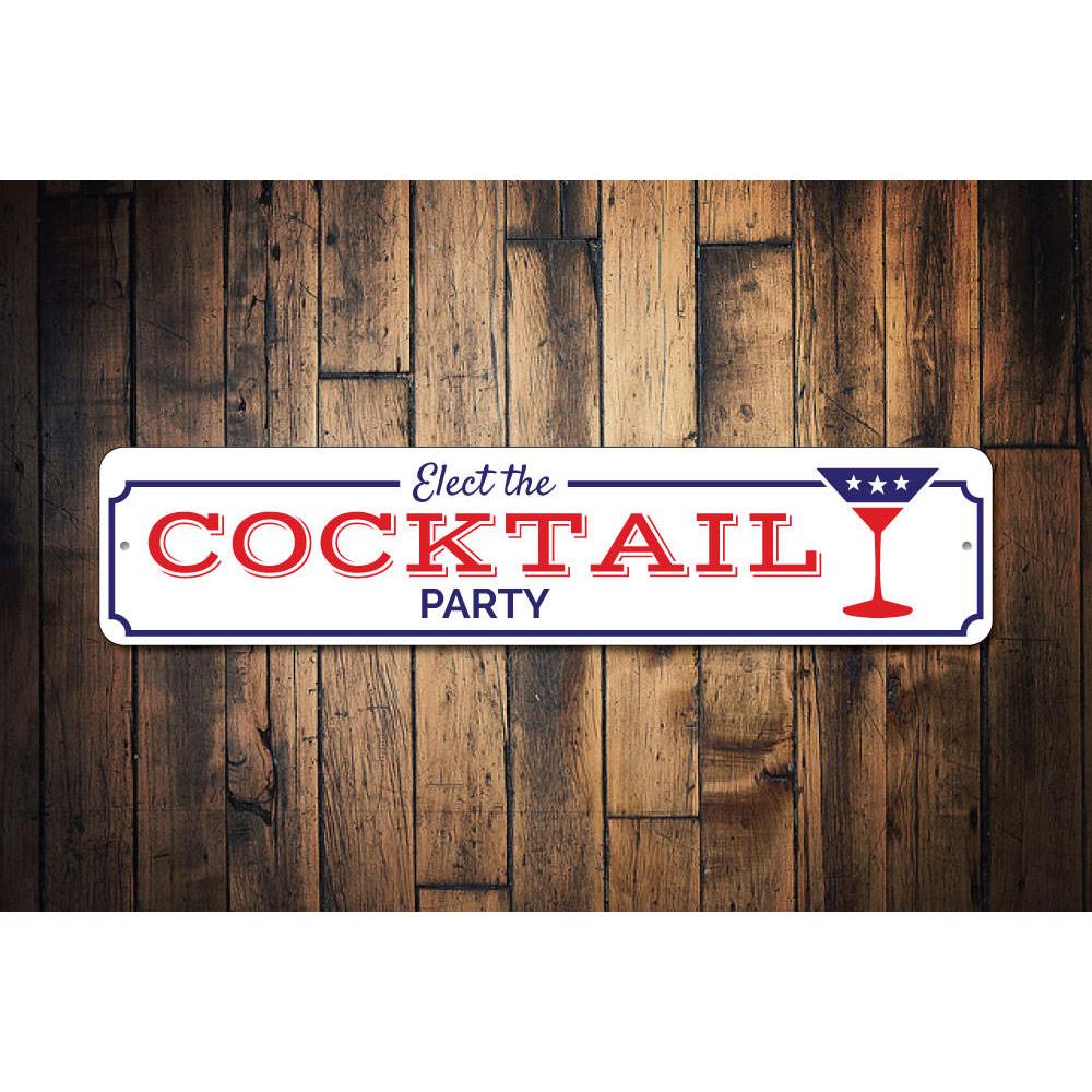 A vibrant Cocktail Party Sign made of high-quality aluminum, featuring customizable text and pre-drilled holes for easy mounting.