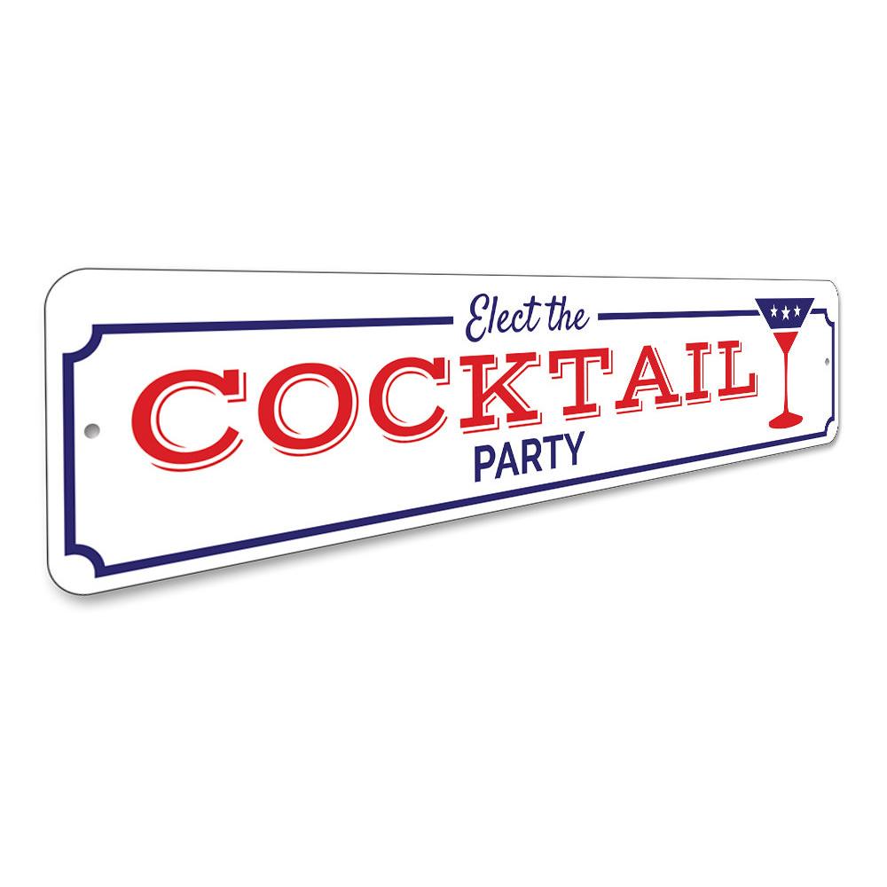 A vibrant Cocktail Party Sign made of high-quality aluminum, featuring customizable text and pre-drilled holes for easy mounting.