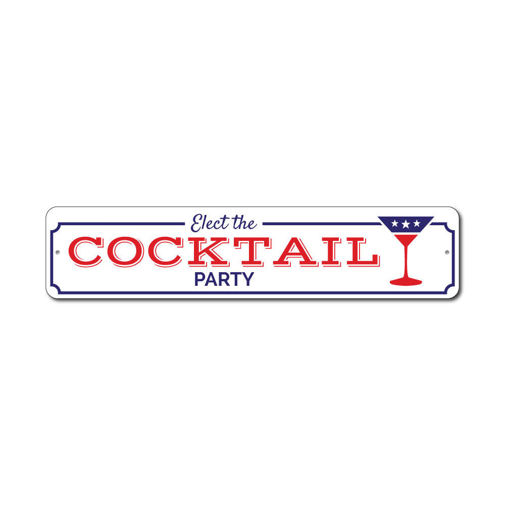 A vibrant Cocktail Party Sign made of high-quality aluminum, featuring customizable text and pre-drilled holes for easy mounting.