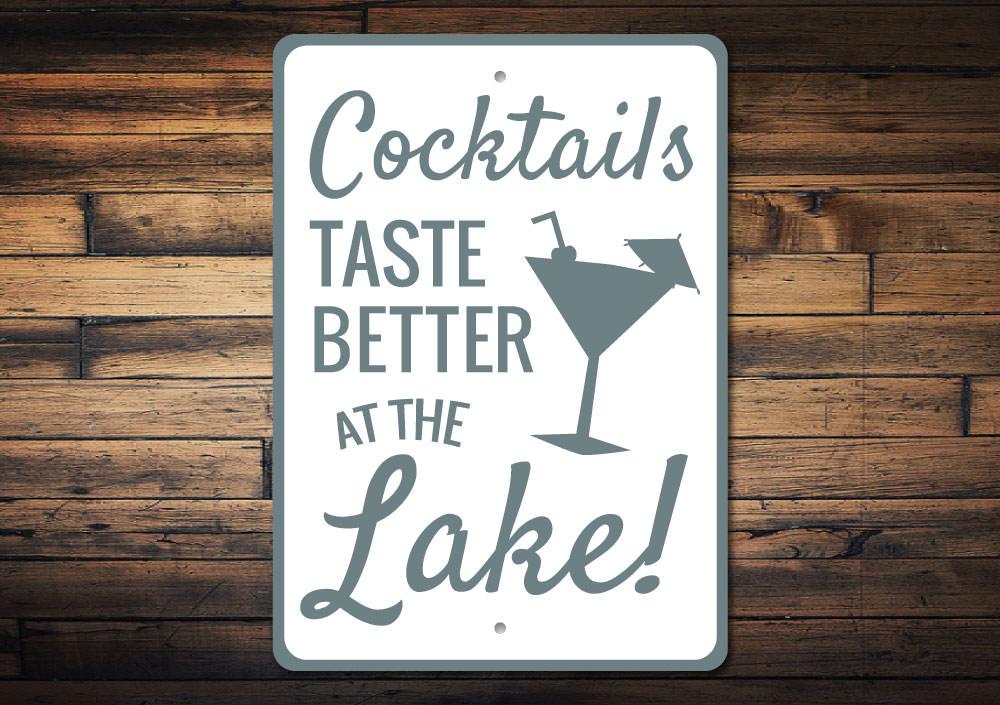 Cocktails at the Lake Sign made of durable aluminum, featuring customizable text and pre-drilled holes for easy mounting, perfect for lakehouse decor.