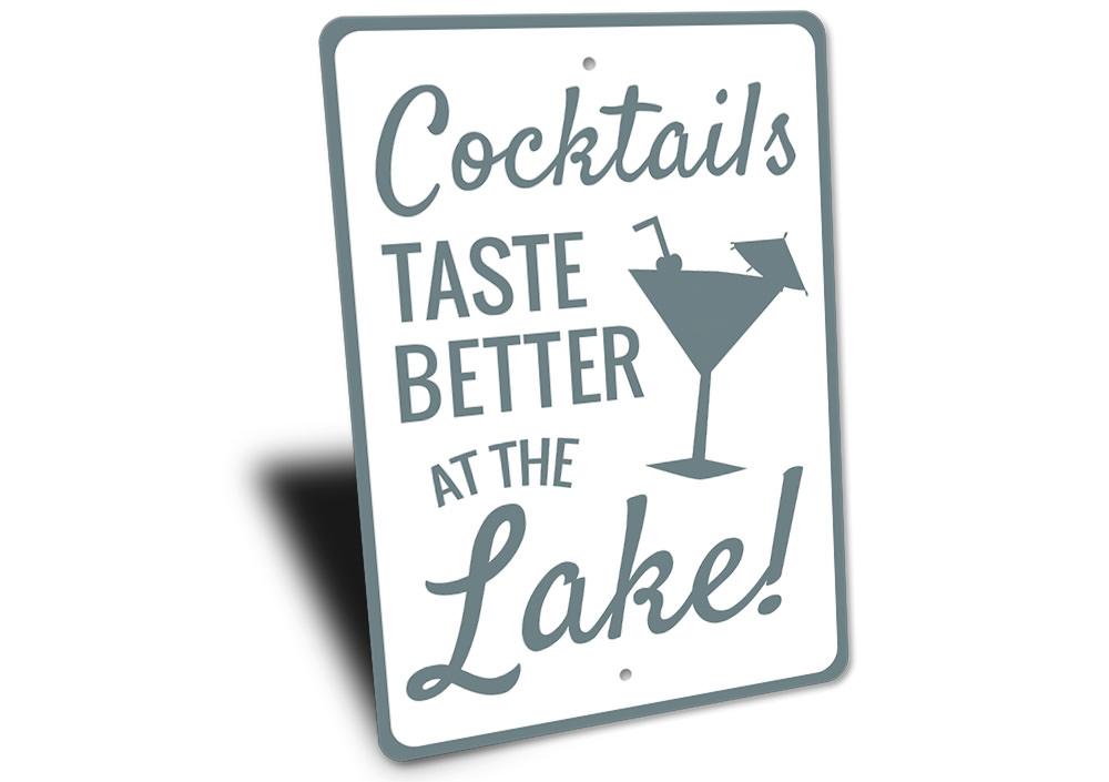 Cocktails at the Lake Sign made of durable aluminum, featuring customizable text and pre-drilled holes for easy mounting, perfect for lakehouse decor.