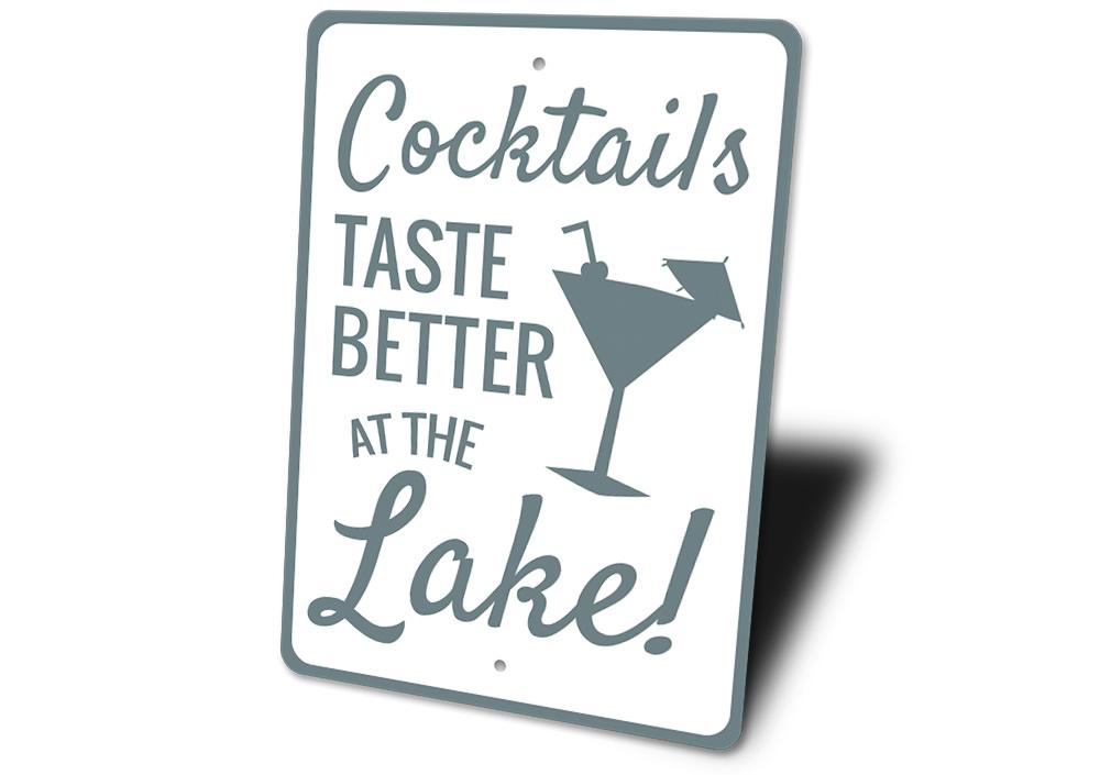 Cocktails at the Lake Sign made of durable aluminum, featuring customizable text and pre-drilled holes for easy mounting, perfect for lakehouse decor.