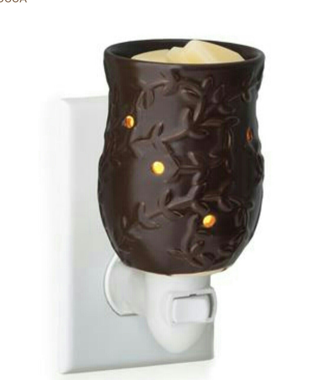 Cocoa Pluggable Warmer featuring a chocolate reactive glaze and intricate vine pattern, designed for vertical and horizontal outlets.