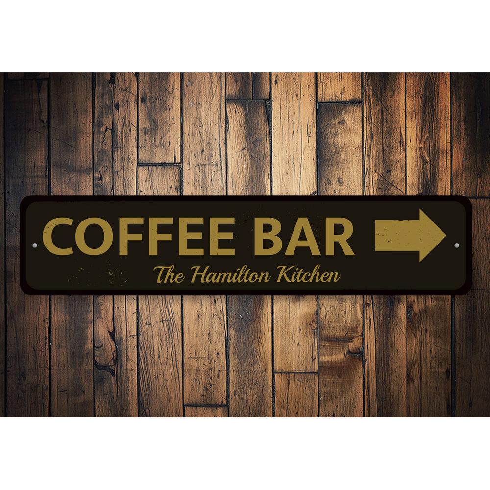 Coffee Bar Arrow Sign made of high-quality aluminum, featuring customizable text and pre-drilled holes for easy mounting.