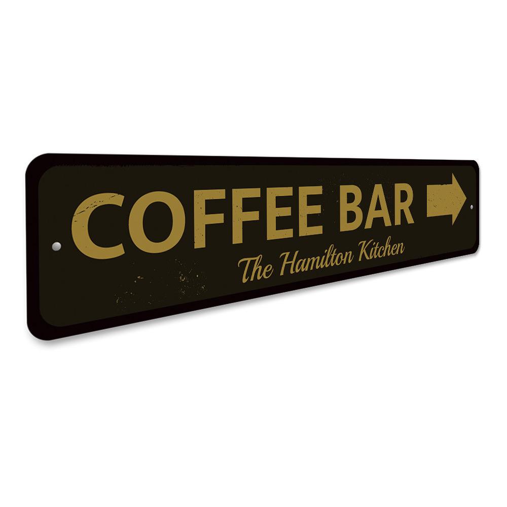 Coffee Bar Arrow Sign made of high-quality aluminum, featuring customizable text and pre-drilled holes for easy mounting.