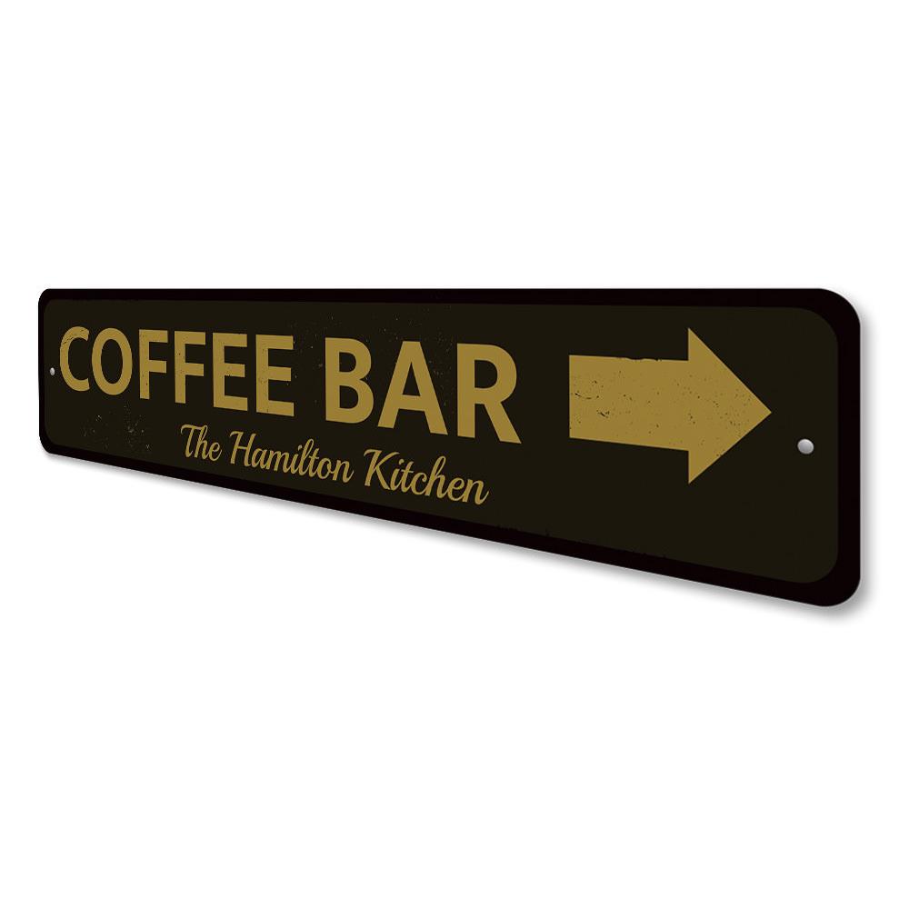 Coffee Bar Arrow Sign made of high-quality aluminum, featuring customizable text and pre-drilled holes for easy mounting.