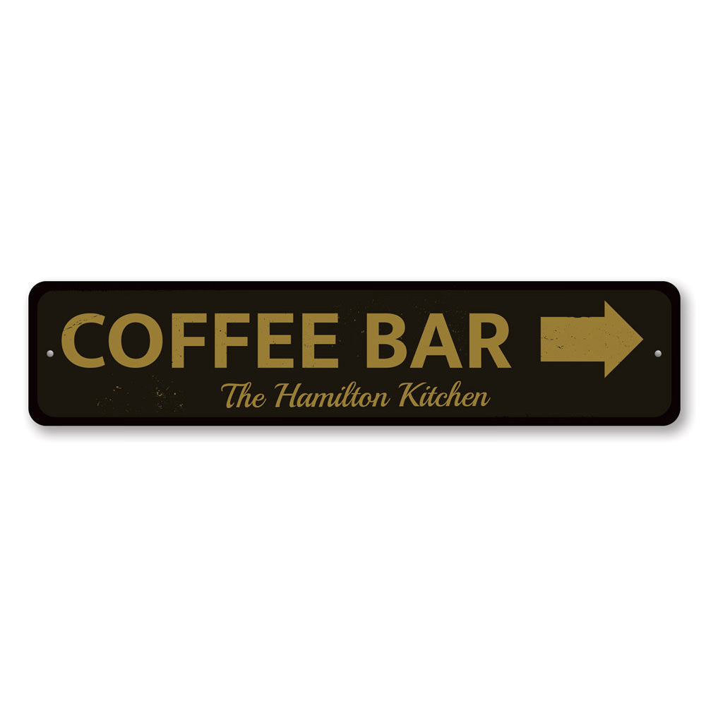 Coffee Bar Arrow Sign made of high-quality aluminum, featuring customizable text and pre-drilled holes for easy mounting.