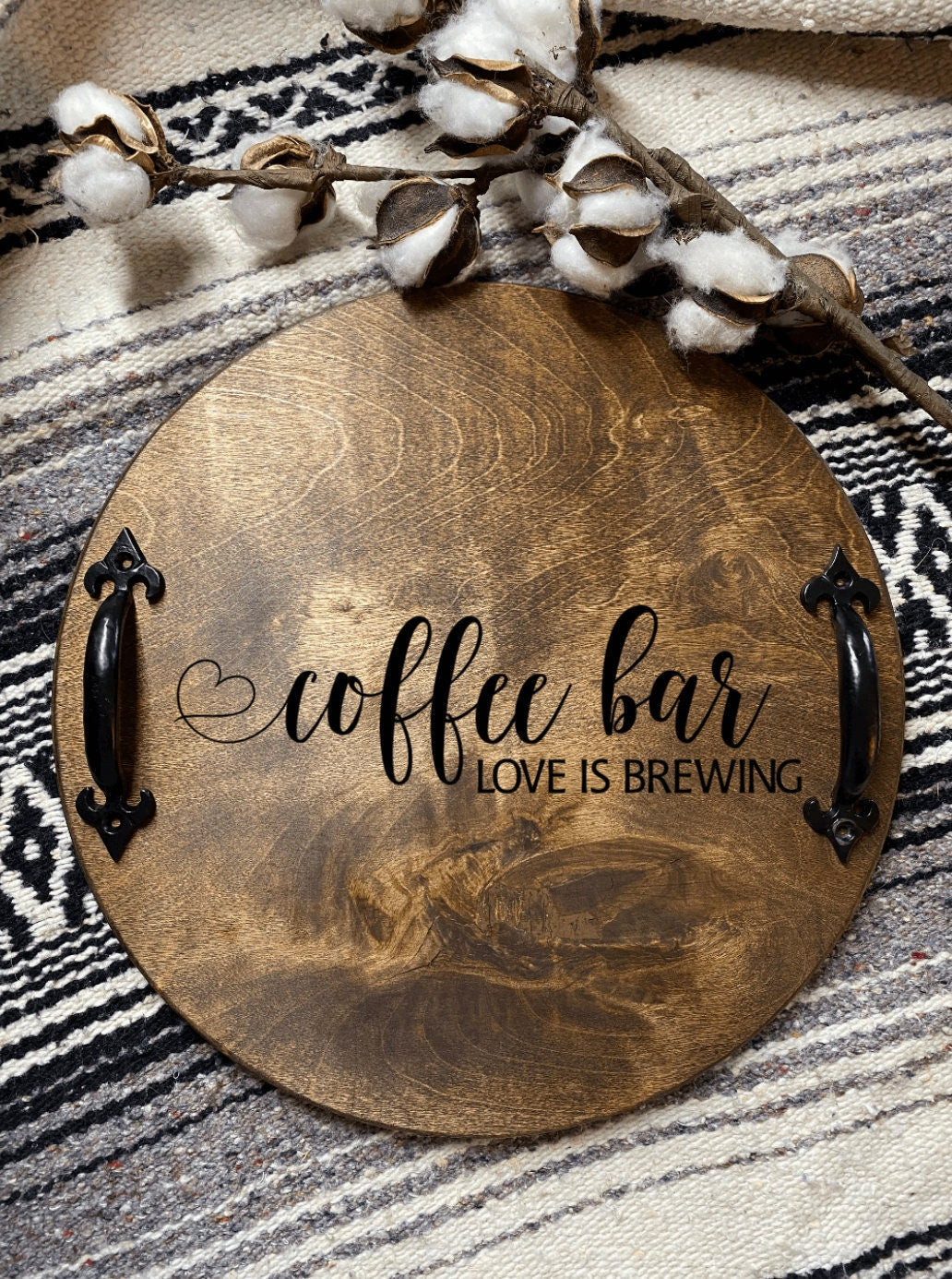 Handmade Coffee Bar Love is Brewing Serving Tray made of birch plywood with dark chestnut stain and black metal handles.