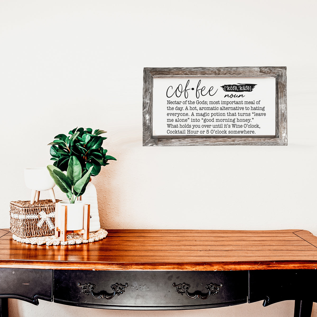 A humorous wooden Coffee Definition Sign featuring playful coffee quotes, perfect for coffee bar decor.