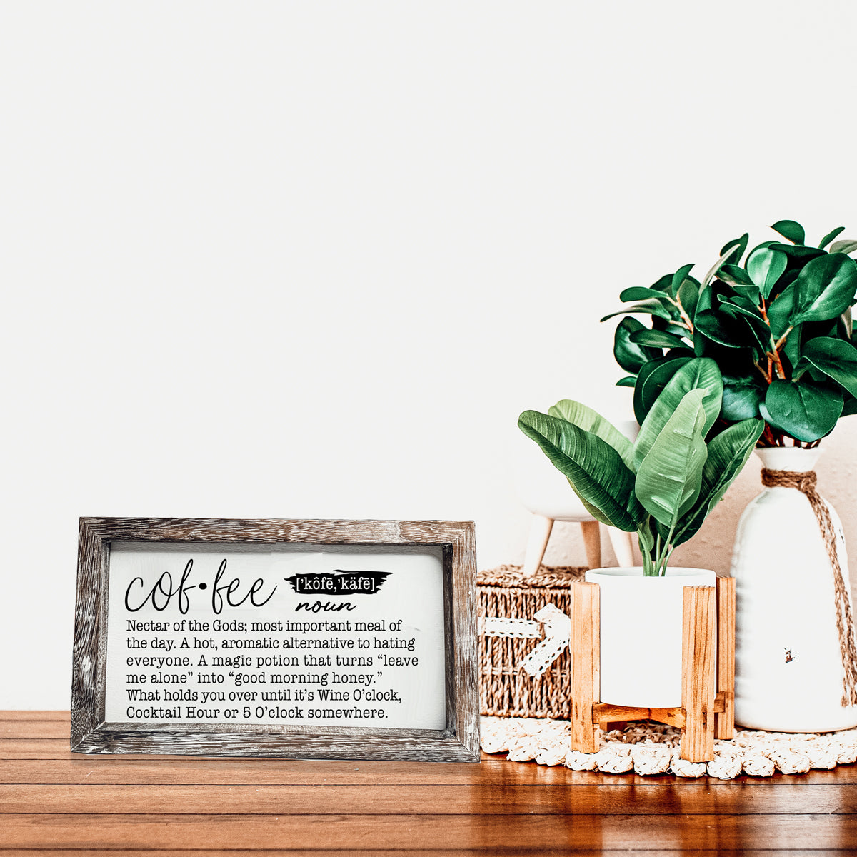 A humorous wooden Coffee Definition Sign featuring playful coffee quotes, perfect for coffee bar decor.